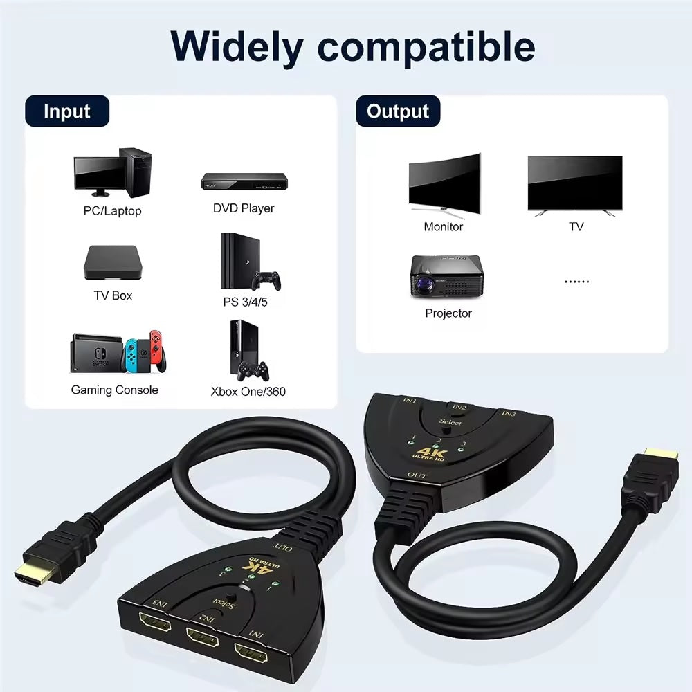 3-in-1-out HDMI Switch Adapter Umschalter 3in1 Ultra HD 4K oder Full HD 1080p